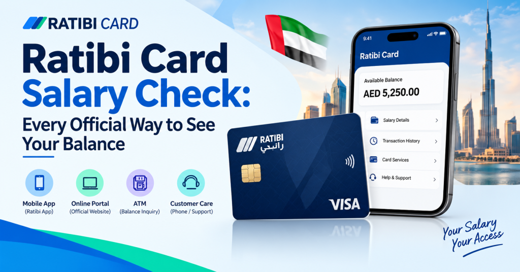 Ratibi Card salary balance check guide showing a Ratibi Card, mobile balance screen, UAE skyline, and official balance-check methods