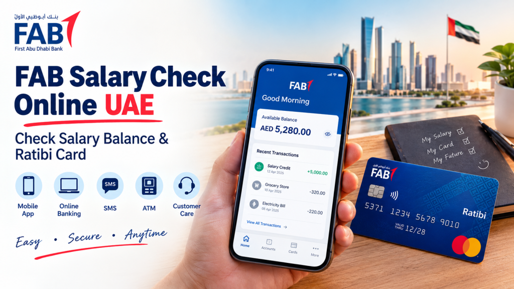 FAB Salary Check Online UAE guide showing salary balance checking through mobile banking and Ratibi card