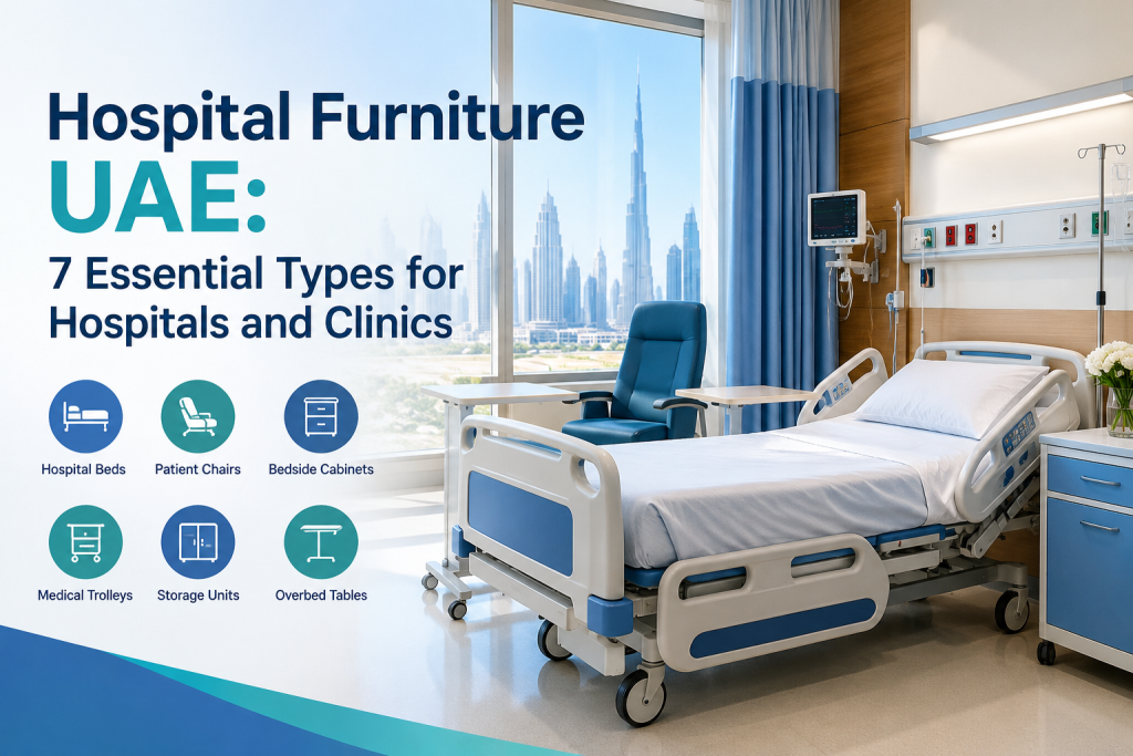 Hospital furniture UAE featuring a modern hospital bed, patient chair, bedside cabinet, medical trolley, storage unit and overbed table